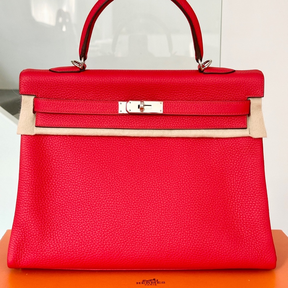 Hermes Kelly 35 Rouge Tomate Red Retourne Togo Leather Palladium Hardware Bag